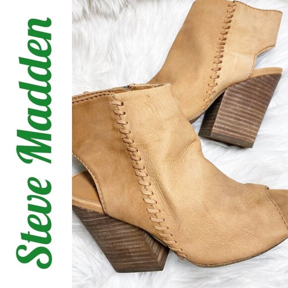 STEVE MADDEN MINGLE TAN LEATHER OPEN TOE OPEN HEEL BLOCK HEEL BOOTIE, SIZE 8 - Picture 4 of 13